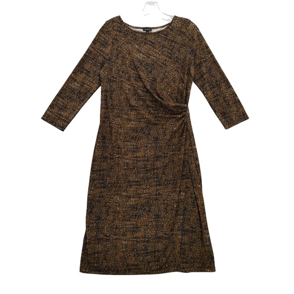 Talbots Knit Midi‎ Dress Faux Wrap Brown Black Print 3/4 Sleeve Career Medium - Picture 1 of 10